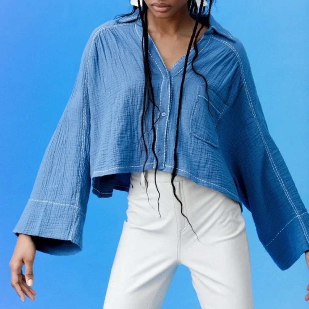 Avec Les Filles women sz M Cotton Gauze Bell Sleeve Shirt